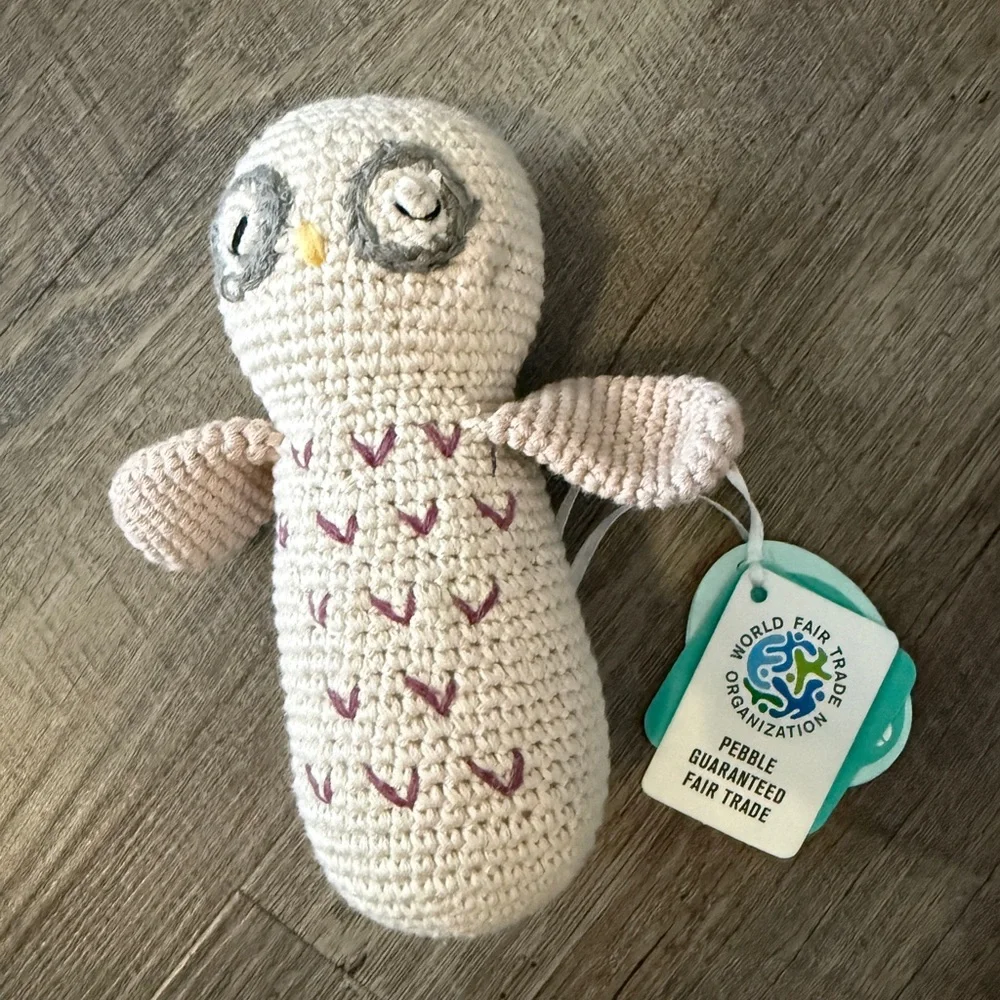 Pebble Fair Trade Crochet Owl Bird Toy - Cream and Pink